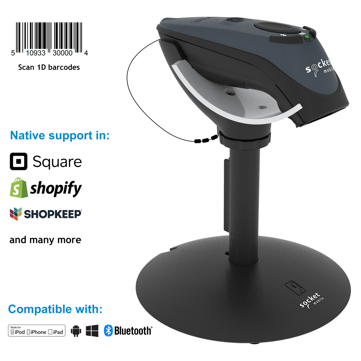 DuraScan D720 - 1D/2D Linear Barcode Plus QR Code Scanner - Socket Mobile