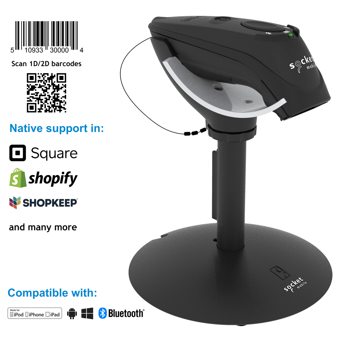 DuraScan D720 - 1D/2D Linear Barcode Plus QR Code Scanner - Socket Mobile